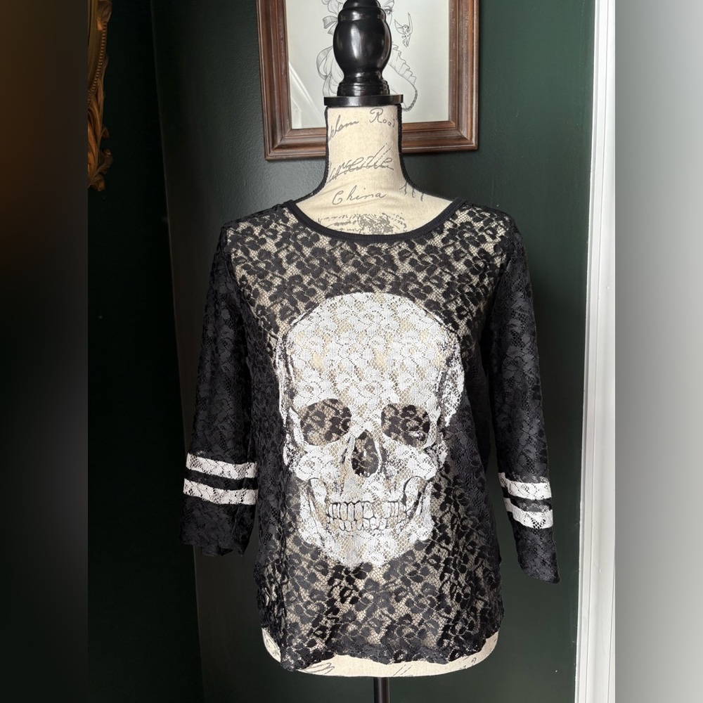 Express black lace skull & university stripe top